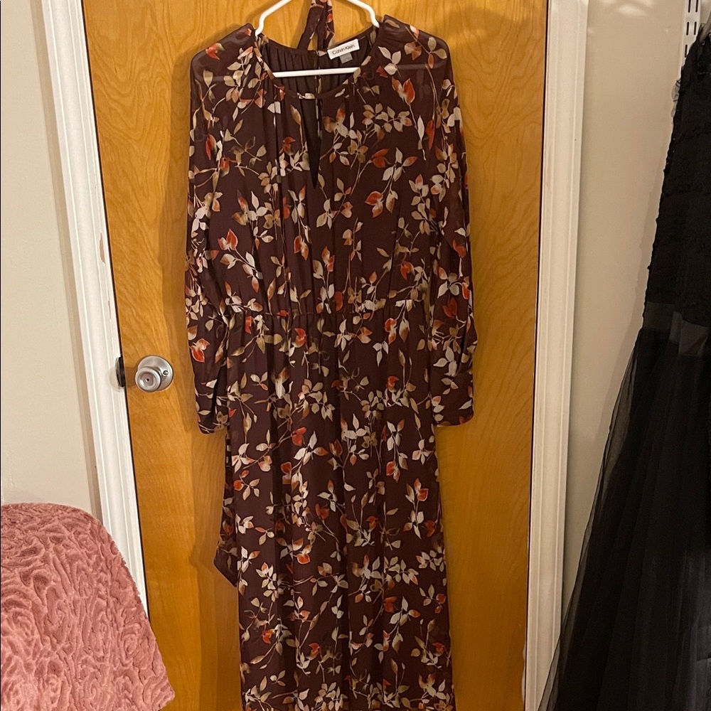 Calvin Klein Brown Floral Long Sleeve Dress